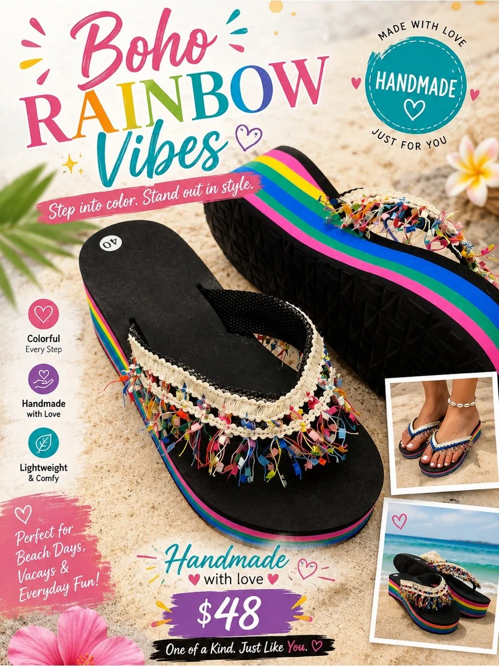 🩷. Handmade Boho Rainbow Vibe Women's Black Flip-Flop Sandals